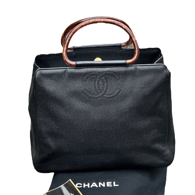 ⭐️シャネル⭐️COCOマーク　ラムスキンバッグ　べっ甲ハンドル　美品 シャネルCHANELヴィンテージVintage鼈甲ウッドハンドルキャビアスキン