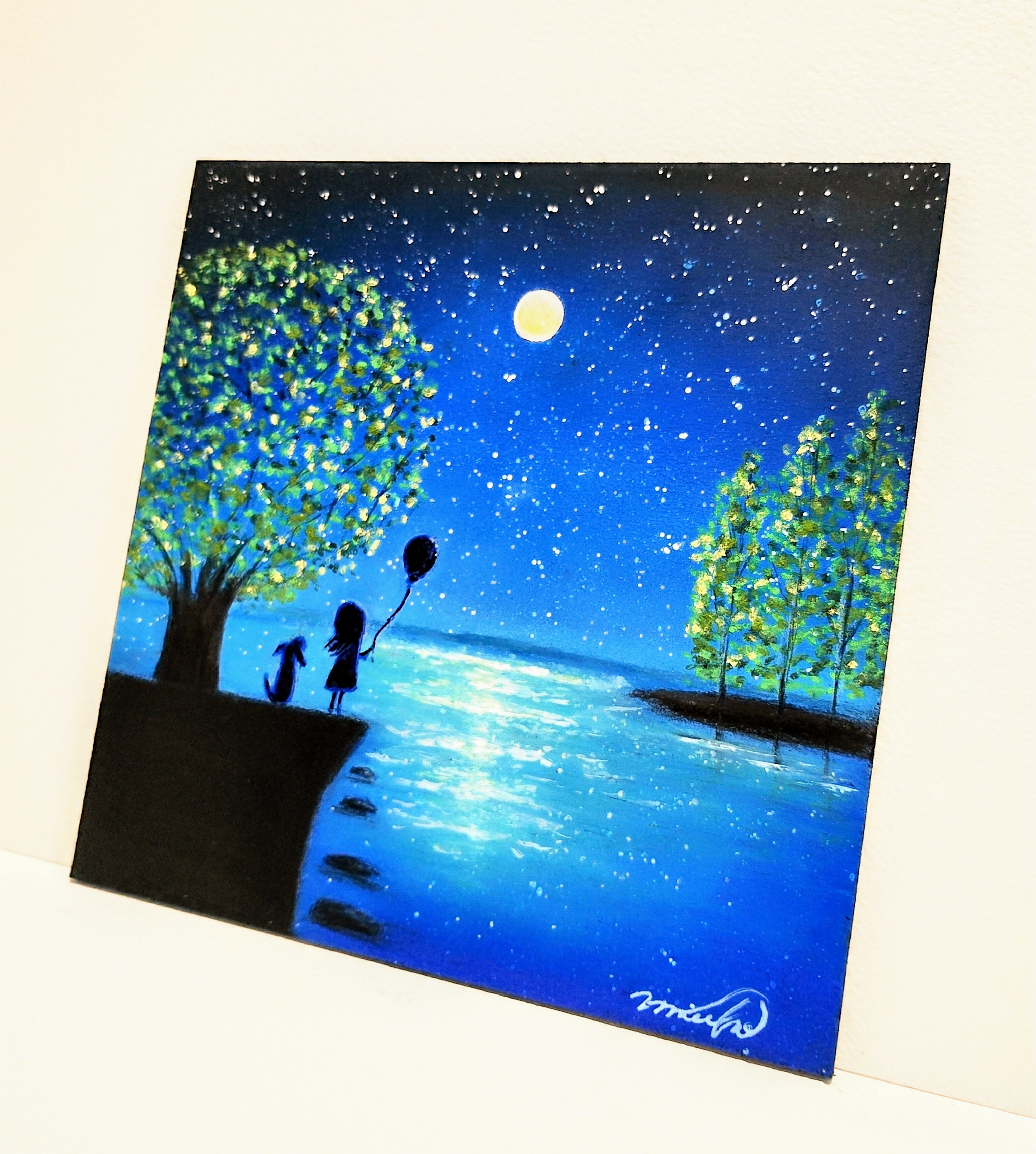 春の宵月　絵画アート原画　パステル画 original