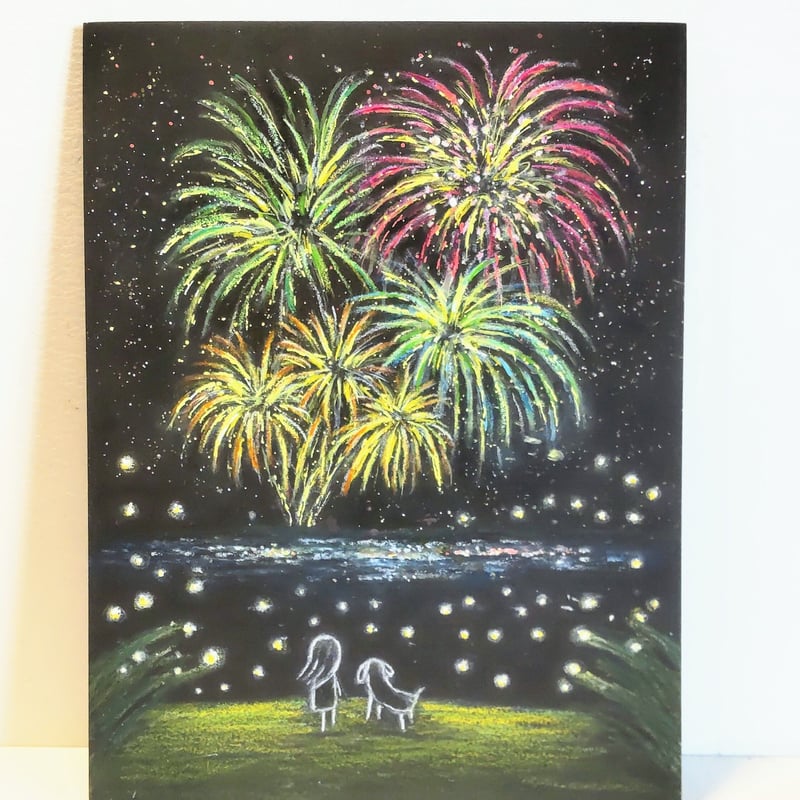 夏の夜 蛍の光に包まれ 花火を見上げる 【原画】チョークアート