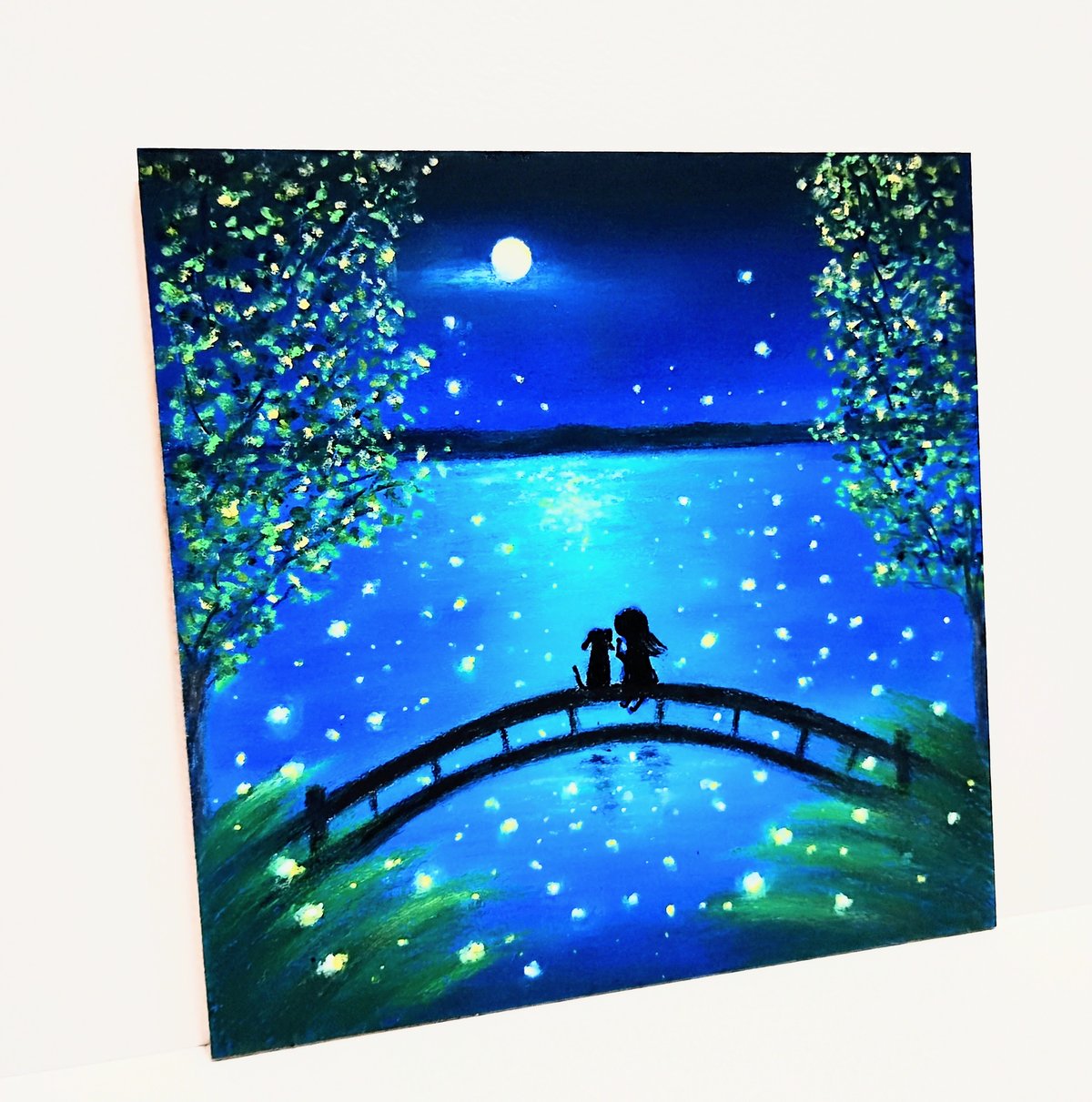 蛍 光の中 穏かな風の声に 耳澄ませて・・【原画】オイルパステル