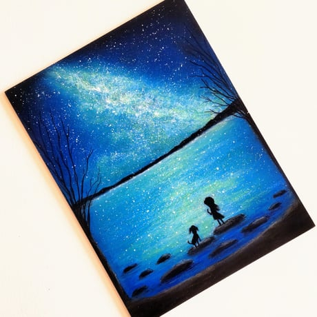 夜空 天の川 満天の星空に 祈りを込めて 【原画】オイルパステルアート