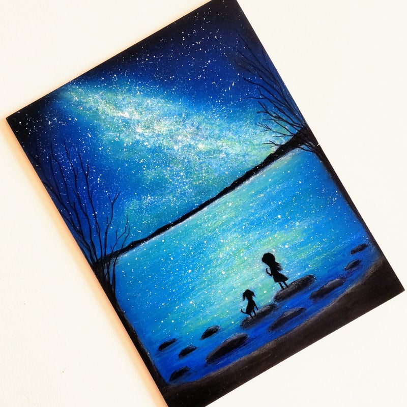 絵画 風景画 風景画 夜空 パステル画 絵画 ハンドメイド（夜空 天の川 満天の