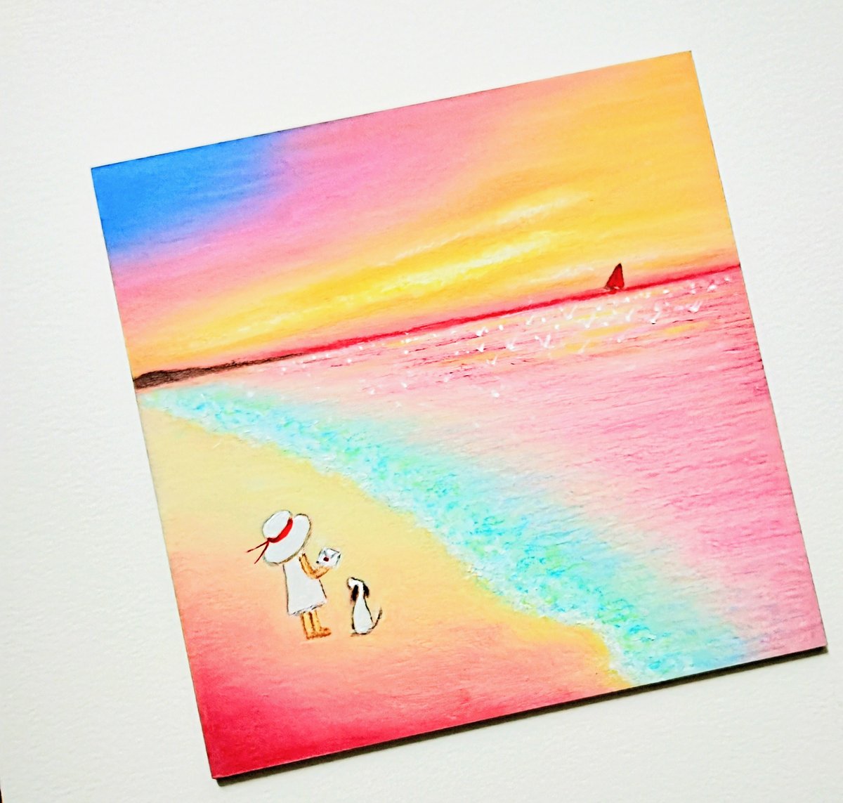 パステル画（原画）内灘砂丘・夕陽。 内灘砂丘・夕焼け（パステル画・マット紙付き）額縁：大衣 絵画