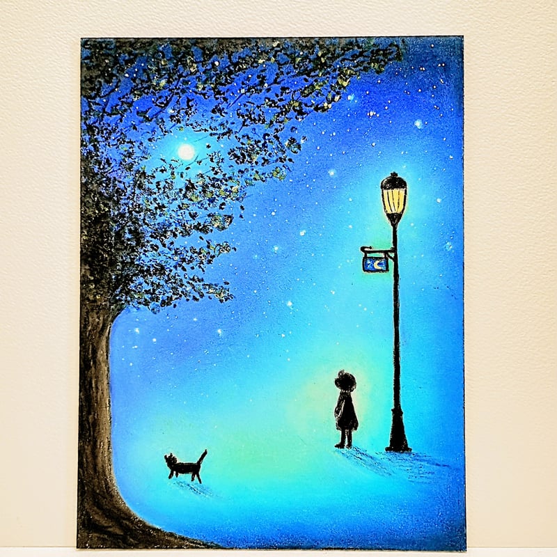 夜空の舞台 見上げてごらん 【原画】オイルパステルアート | 小さな