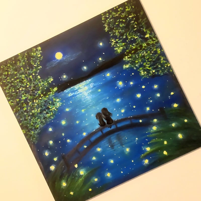 日本に 原画 額装済み- 絵画 絵画 夜の散歩道 オイルパステル オイル