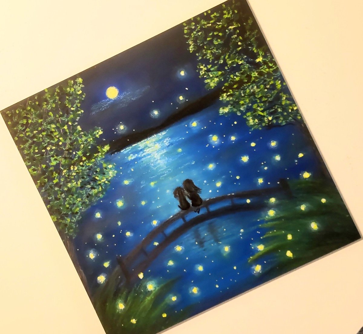蛍の光の中で 穏かな夜の時間 【原画】オイルパステルアート 蛍の光の中で 穏かな夜の時間 【原画】オイルパステルアート