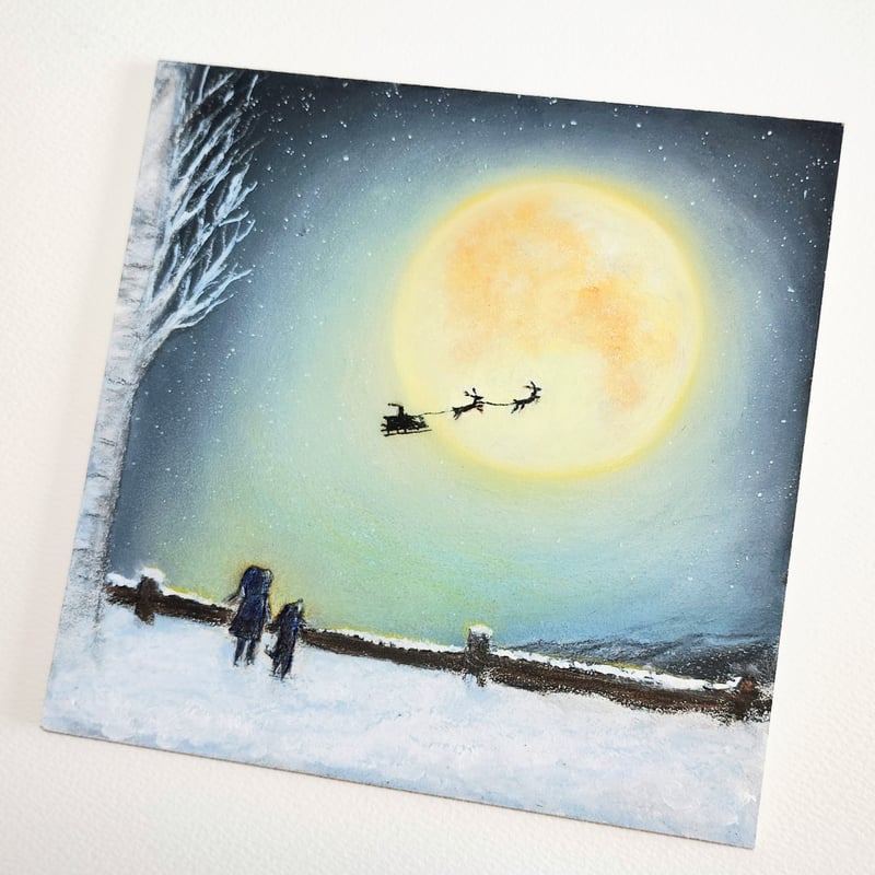 天使のクリスマス　絵画アート原画　パステル画 天使の冬の絵 新年のパステル画 クリスマスの絵画 鳥 冬のアート