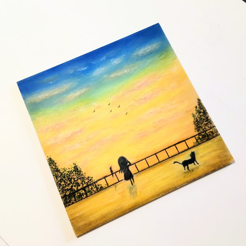 帰り道の夕空 明日もがんばろう！ 【原画】オイルパステルアート