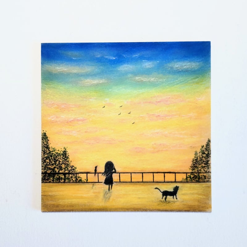 帰り道の夕空 明日もがんばろう！ 【原画】オイルパステルアート