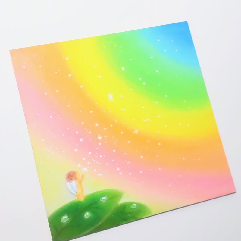遠い空へ　ハンドメイドパステル画　絵画アート原画 虹の空 君の願いを すべて叶える 天使の魔法【原画】オイルパステル