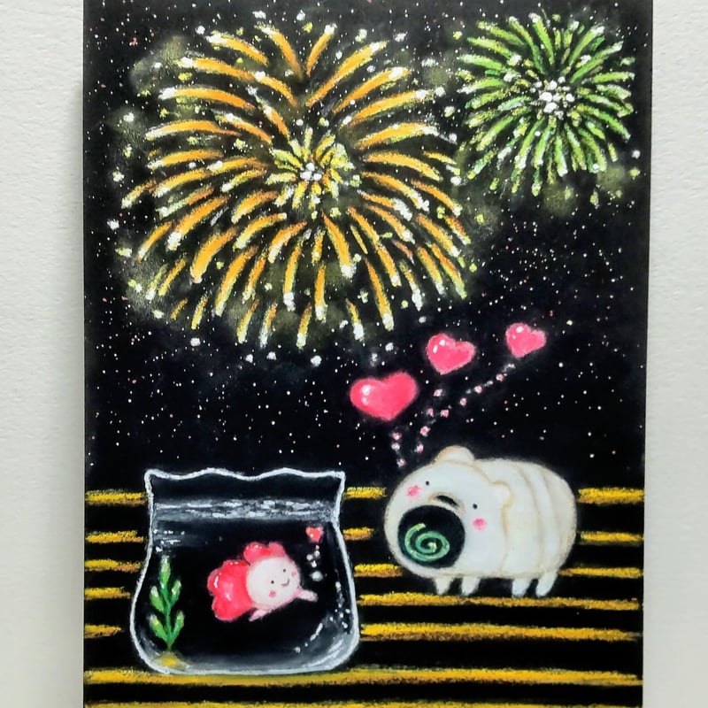 夏の花火、縁側で金魚に恋する香取線香のぶたさん 【原画】チョーク