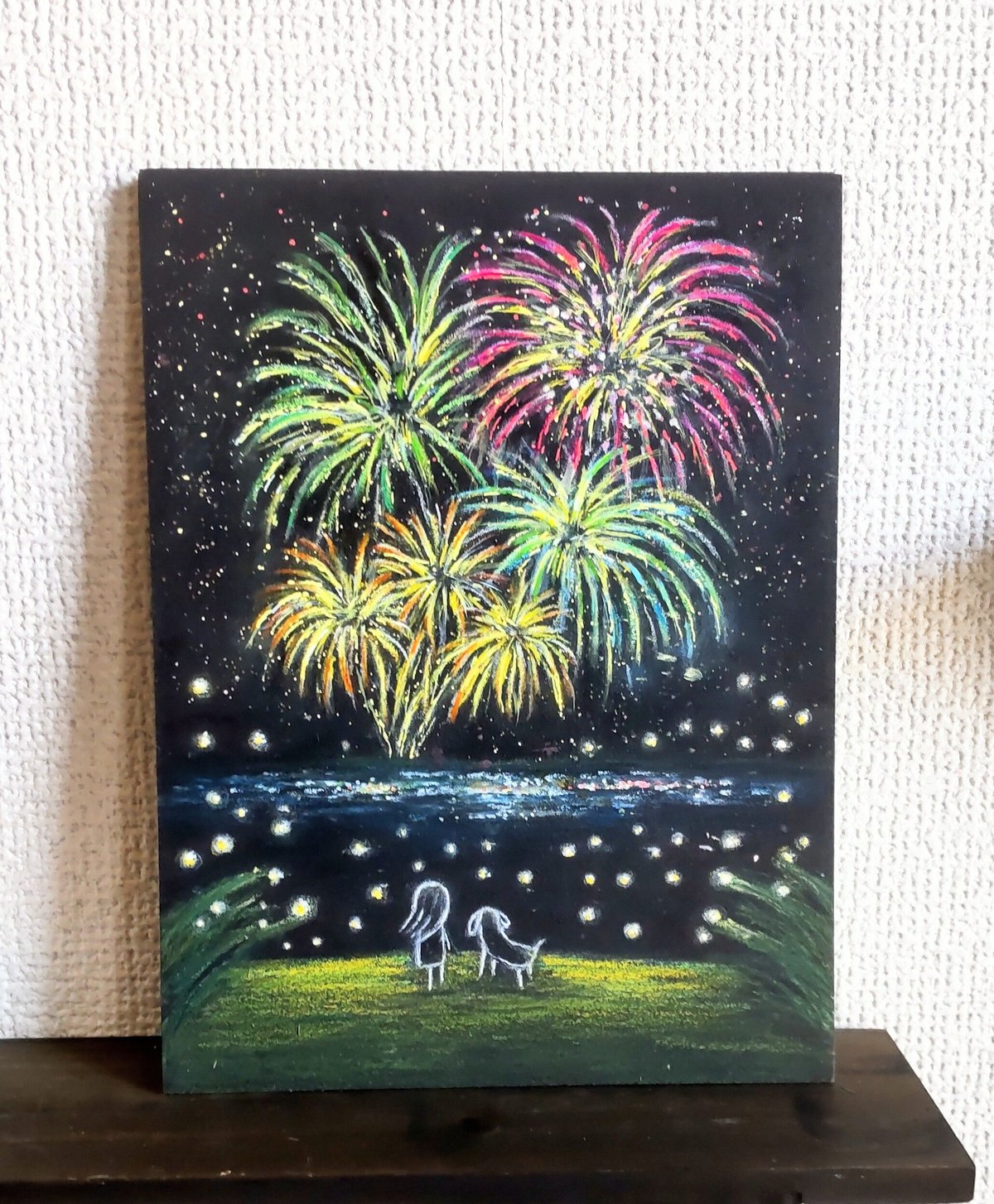 夏の夜 蛍の光に包まれ 花火を見上げる 【原画】チョークアート