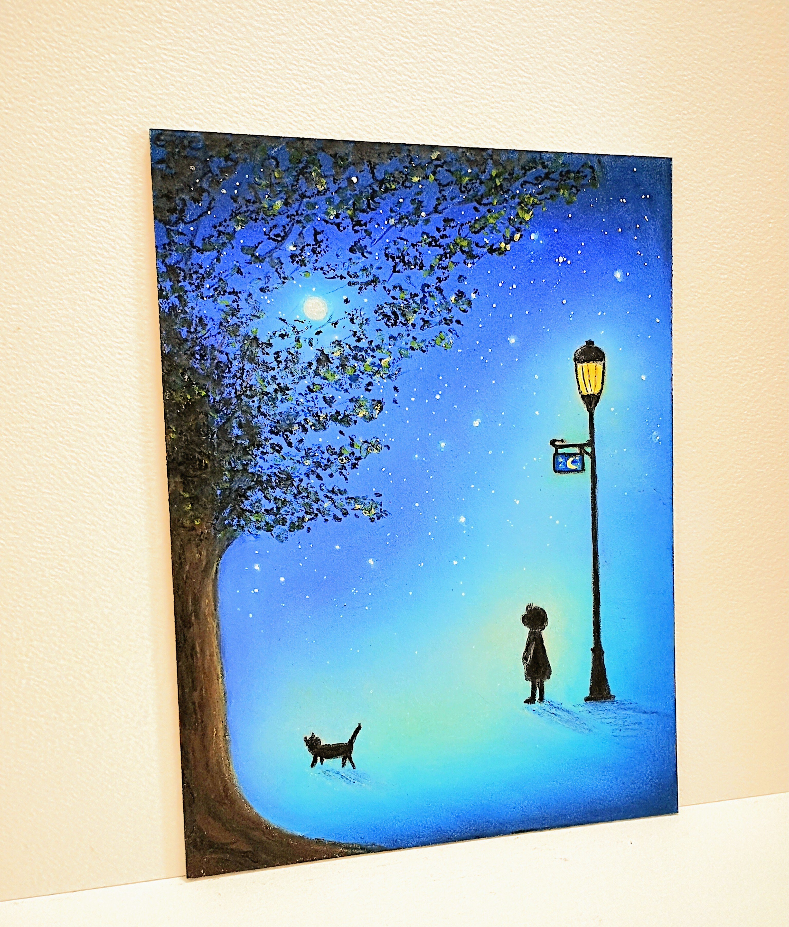 【原画：ハガキサイズ】　夏の夜空とホタル　オイルパステル画 original