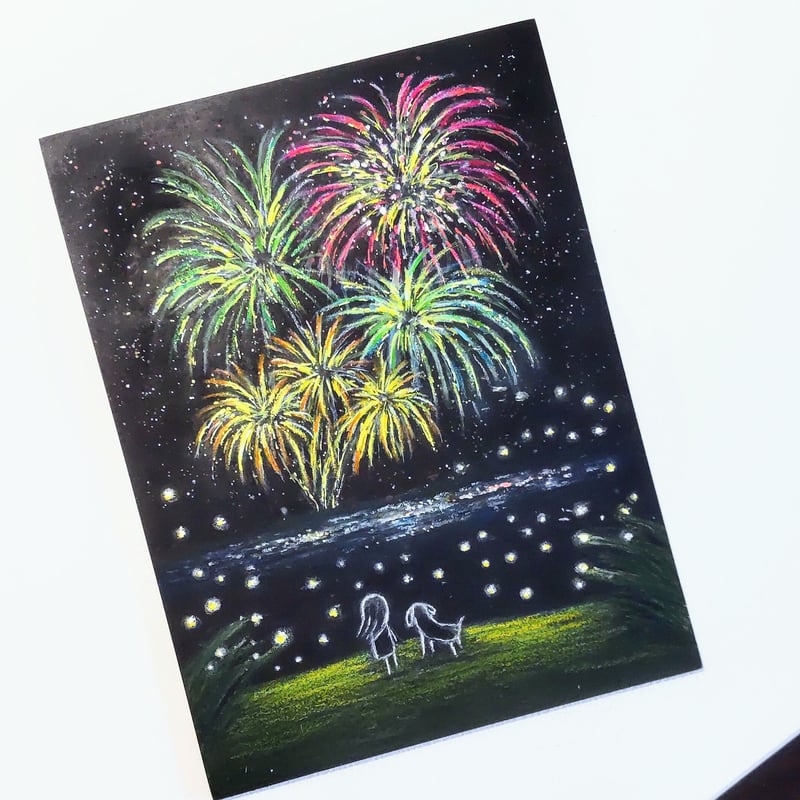夏の夜 蛍の光に包まれ 花火を見上げる 【原画】チョークアート