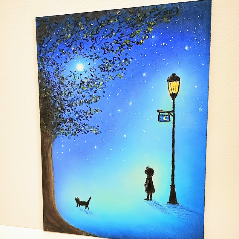 夜空の舞台 見上げてごらん 【原画】オイルパステルアート | 小さな
