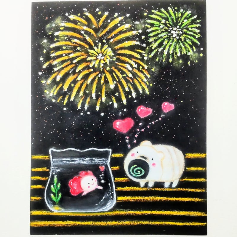 夏の花火、縁側で金魚に恋する香取線香のぶたさん 【原画】チョーク