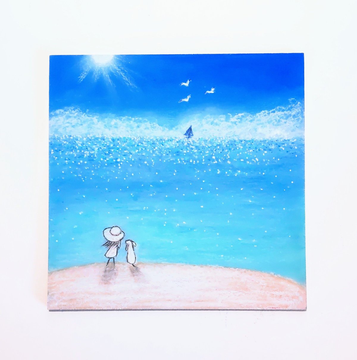 夏！キラキラ輝く 海 太陽 空 【原画】オイルパステルアート