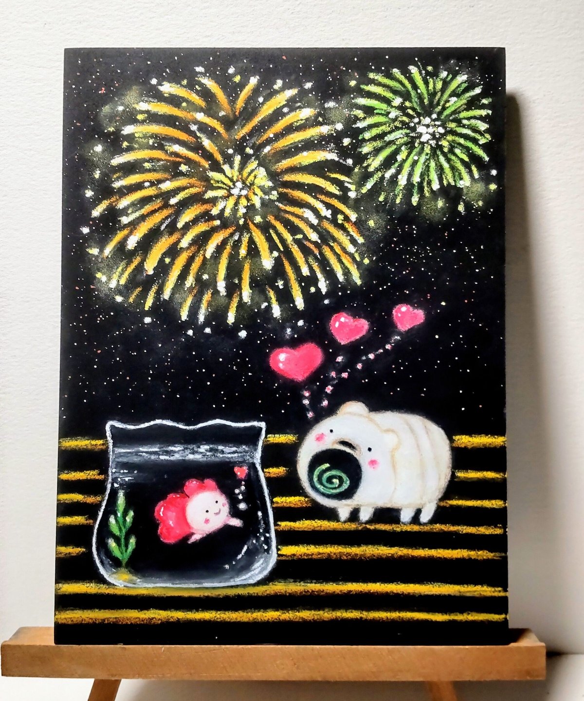 夏の花火、縁側で金魚に恋する香取線香のぶたさん 【原画】チョーク