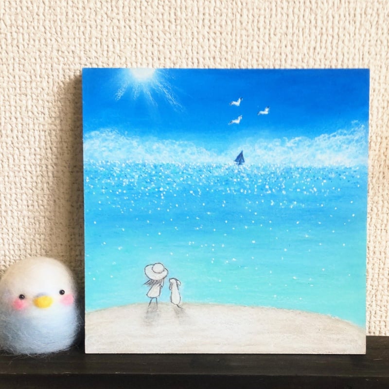 夏！キラキラ輝く 海 太陽 空 【原画】オイルパステルアート | 小さな 