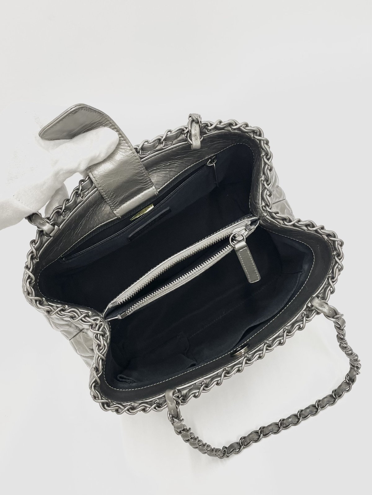 CHANEL レザー シルバー加工 チェーンミー トートバッグ 16番台
