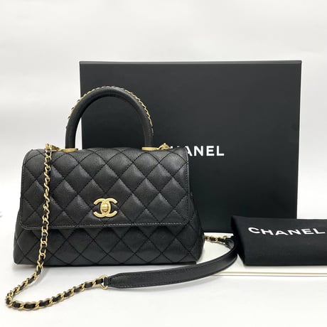 CHANEL 保存品 ココハンドルS キャビアスキン 2WAYハンドバッグ ブラック/ゴールド金具ICチープランダム番台