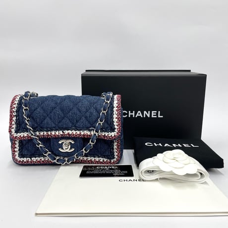 CHANEL ミニ マトラッセ チェーンショルダーバッグ デニム  ブルー／レッド／ホワイト 26番台