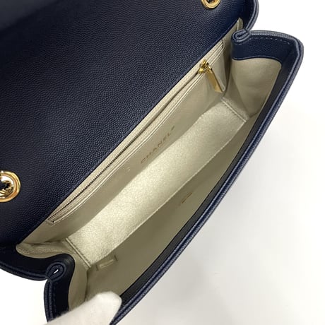 CHANEL キャビアスキン フルフラップ チェーンショルダーバッグ ネイビー／ゴールド金具 27番台