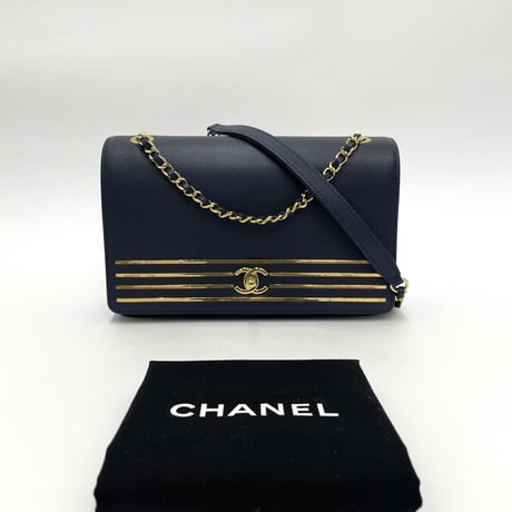 CHANEL キャビアスキン フルフラップ チェーンショルダーバッグ ネイビー／ゴールド金具 27番台