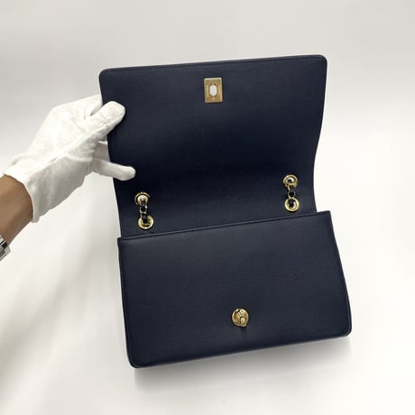 CHANEL キャビアスキン フルフラップ チェーンショルダーバッグ ネイビー／ゴールド金具 27番台