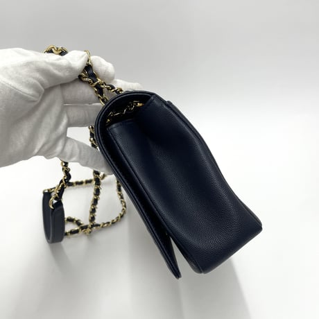 CHANEL キャビアスキン フルフラップ チェーンショルダーバッグ ネイビー／ゴールド金具 27番台