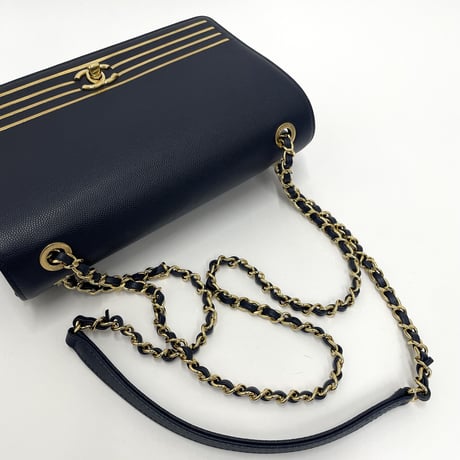 CHANEL キャビアスキン フルフラップ チェーンショルダーバッグ ネイビー／ゴールド金具 27番台