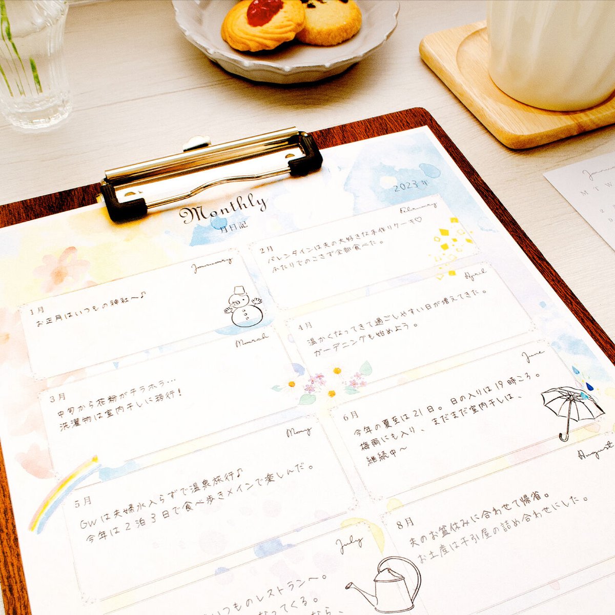 ◇日記のマンスリーバージョン！月日記｜A4リフィル｜水彩花柄｜DL版