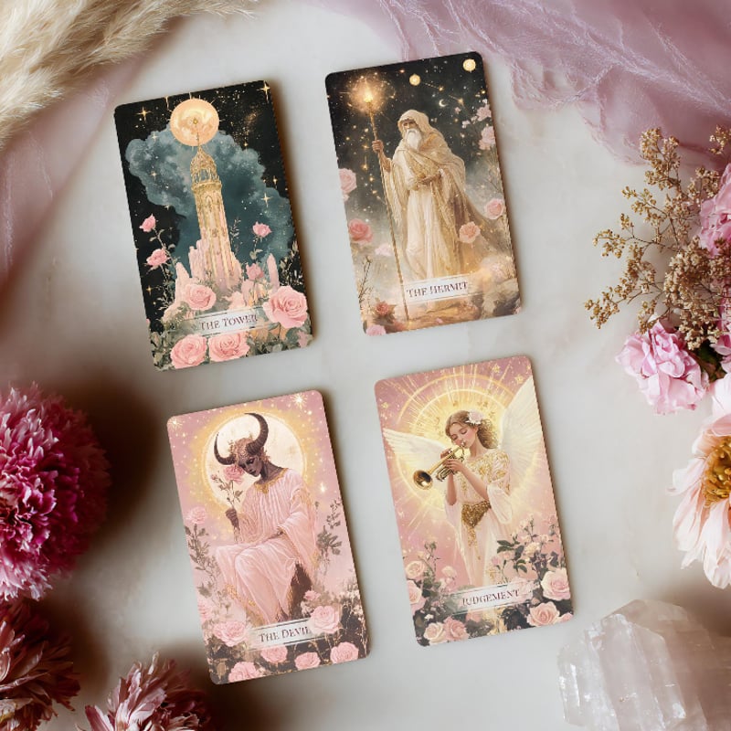 【PVCプラ製タロットカード】レア色✨ピンクローズ＆ゴールド色×薔薇の装飾 ギャラクシーフラワータロットカード｜作者直輸入・希少デッキ