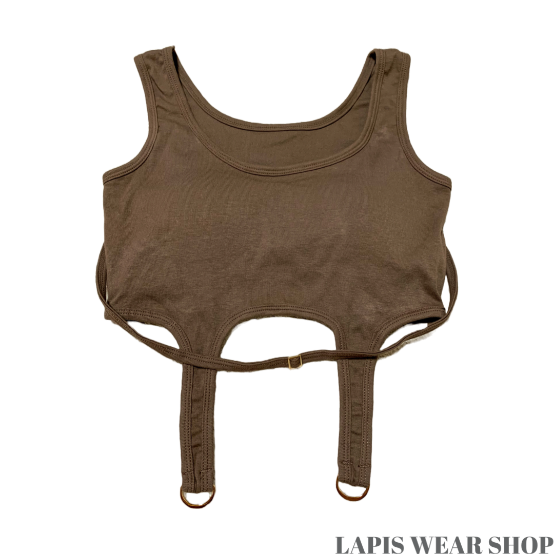 カップ付きヘソ魅せタンクトップブラウンカラー | LAPIS WEAR SHOP