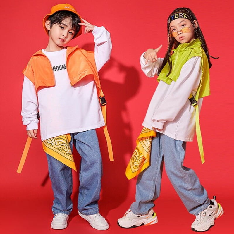 キッズ 子供 ストリート 衣装 ダンス ヒップホップ 白 長袖 トップス T