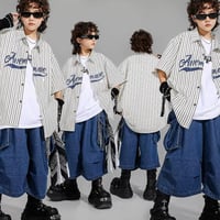 キッズ こども～大人サイズ ダンス衣装 トップス ストライプシャツ ベースボール デニムパンツ カーゴパンツ ハーフ ストリート ダンス衣装 カジュアル ヒップホップ ジャズ 110～180