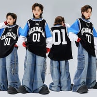 キッズ こども～大人サイズ ダンス衣装 バスケタンク 重ね着風 Tシャツ 長袖 白 黒 水色 ストリート ダンス衣装 カジュアル ヒップホップ ジャズ 110～180 大量オーダー ダンスチーム