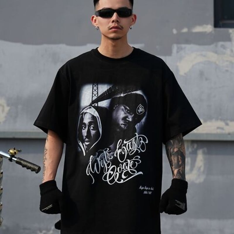 2pac Tupac&Biggie 半袖 Tシャツ ペイズリー バンダナ柄 黒 茶 メンズ ダ... ビースリー TANPSシャツ
