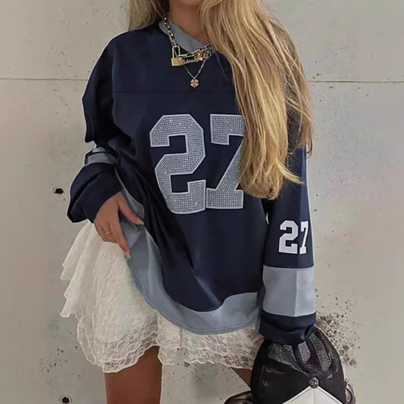 レディース フットボール シャツ 長袖 ナンバリング Vネック ネイビー