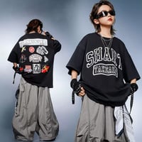キッズ こども～大人サイズ ダンス衣装 ロゴ Tシャツ トップス 半袖 黒 ボトムス シャカシャカ ナイロン パンツ 太目 グレー ストリート ダンス衣装 カジュアル ヒップホップ ジャズ
