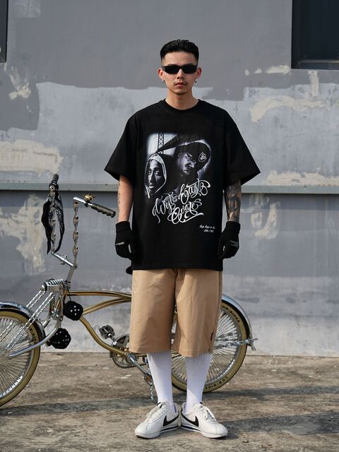 2pac Tupac&Biggie 半袖 Tシャツ ペイズリー バンダナ柄 黒 茶 メンズ