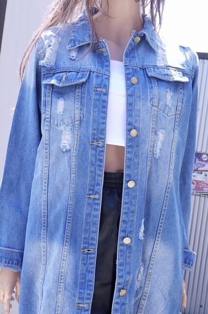 デニム シャツ ジャケット 長袖 黒 薄青 ダメージ ボタン ルーズ  