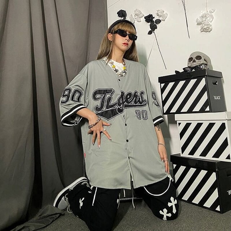 ベースボール シャツ 野球 半袖 ボタン プリント ロゴトップス