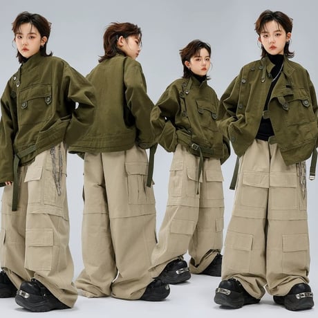 キッズ こども～大人サイズ ダンス衣装 カーキ ジャケット ベージュ ワークパンツ セット ストリート ダンス衣装 カジュアル ヒップホップ ジャズ 110～180 大量オーダー ダンスチーム