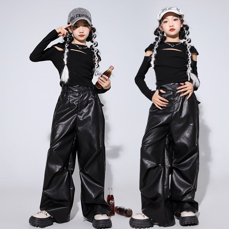 キッズ～大人サイズ ガールズ 黒 長袖 セクシー トップス 肩あき