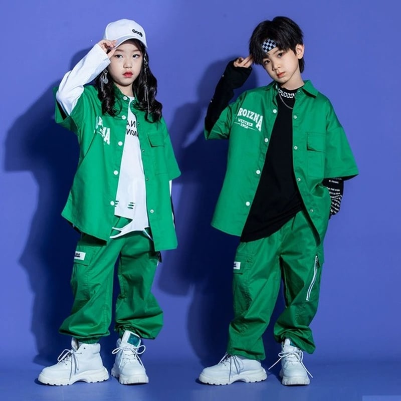 キッズ～大人サイズ ダンス衣装 緑 セットアップ 半袖 ワークシャツ