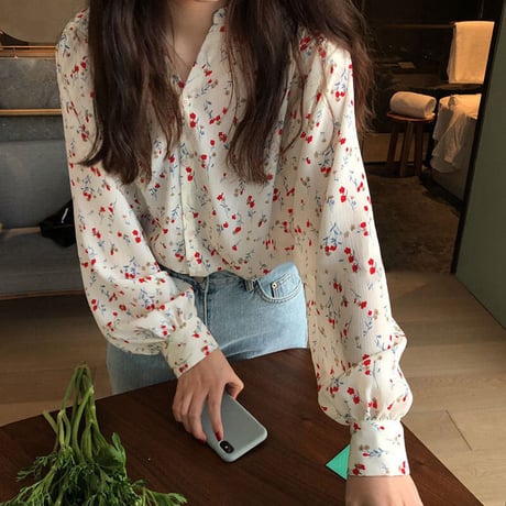 花 柄 ブラウス 長袖 韓国系 ファッション シフォン ブラウス ゆったり レトロ シャツ R011
