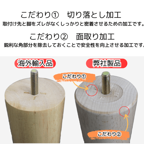 交換用木製脚6本セット　【セット】6本セット　【長さ】10cm～20cm　【形状】テーパー　【カラー】クリア
