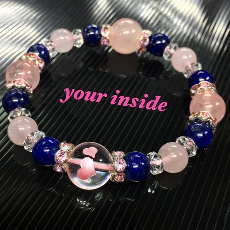 ラピスラズリ ピンク彫りハート柄水晶 天然石ブレスレット