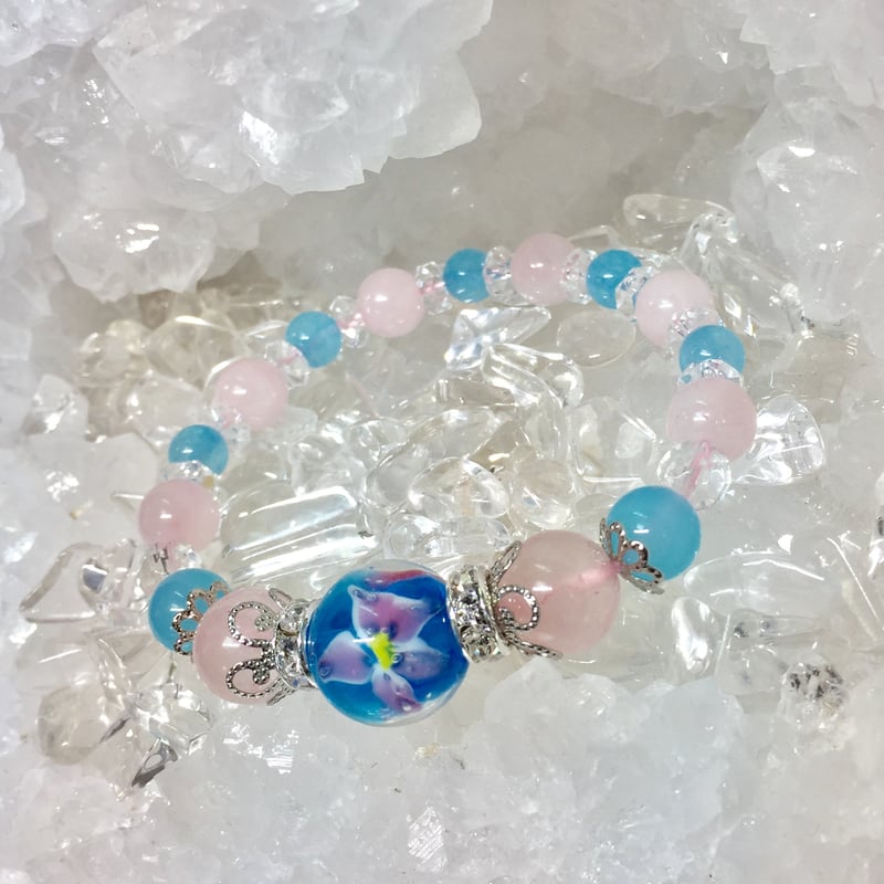 シーブルーカルセドニー トンボ玉 水中花 天然石ブレスレット シーブルーカルセドニー トンボ玉 水中花 天然石ブレスレット